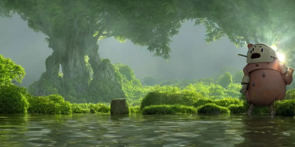 Image similar to a cell - shaded cartoon movie still from howl's moving castle ( 2 0 0 4 ) of a golem lifting a huge stone in a flooded rainforest valley. stonehenge is seen in the background with shafts of sunlight from above. wide shot, very dull muted colors, hd, 4 k, hq