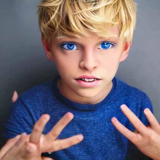 Prompt: portrait of a boy with his hand on his face, extremely realistic and real, photorealistic, blonde hair and blue eyes, detailed facial structure, real eyes that are detailed, real hands