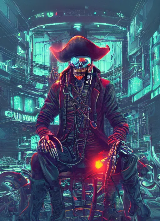 Image similar to a cyberpunk hacker pirate captain skeleton with a pirate hat sitting in front of a huge old crt monitor in a dark room, only light coming from crt monitor, highly detailed, intricate, digital art, trending on artstation, trending on cgsociety, by greg rutkowski