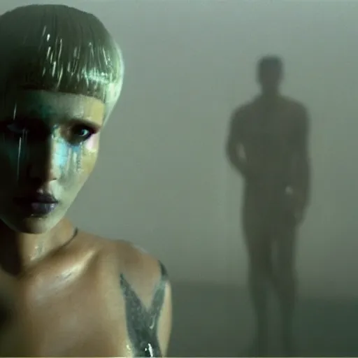 Prompt: cinematic portrait of a runaway replicant with tribal facepaint and a plastic raincoat in an empty room, still from the movie bladerunner