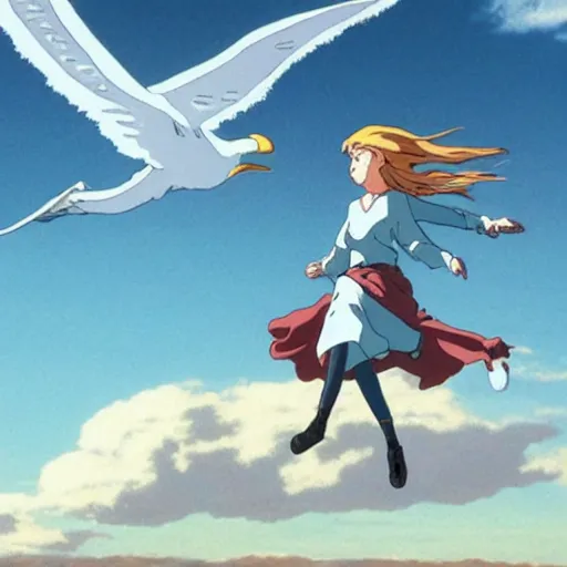 Prompt: A girl flying with a bird-shaped white glider over the clowds, Nausicaa of the Valley of the Wind, Miyazaki Hayao, ghibli style