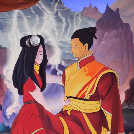 Image similar to oil painting of the wedding of fire lord zuko and katara in the fire nation, studio mir, oil painting