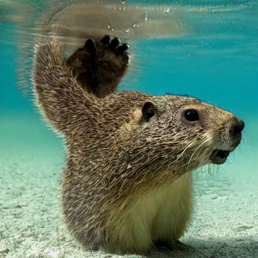 Prompt: a groundhog diving, realistic, underwater bubbles