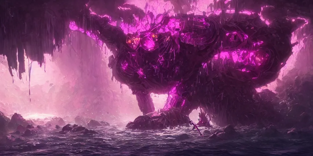 Image similar to giant crystal golem, d & d 5 e creature, bright pink purple lights, underwater, watery caverns, art by greg rutkowski