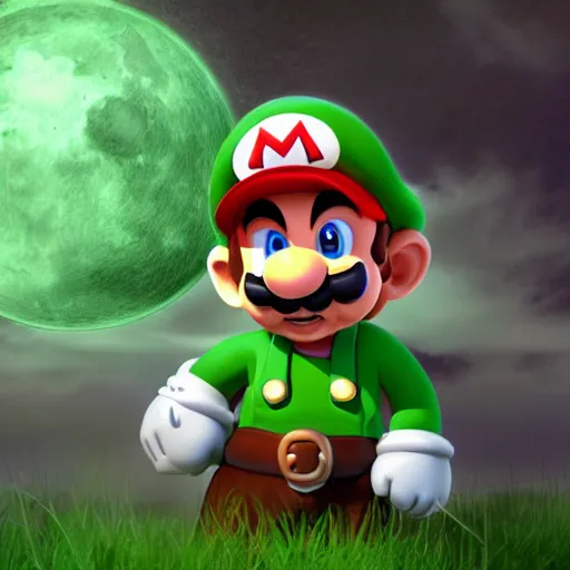 Prompt: professional fantasy art of new mario brother in green shirt and white overalls, long thin drooping dangling mustache, very sad face, looking at camera, professional art, dnd, fantasy art, red moon, matte painting, volumetric lighting, unreal engine 5, very detailed art