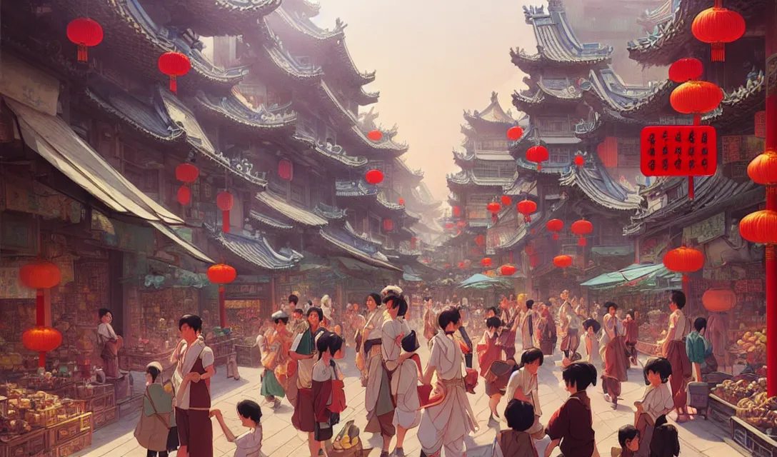 Prompt: busy chinese city, summer, in the style of studio ghibli, j. c. leyendecker, greg rutkowski, artem