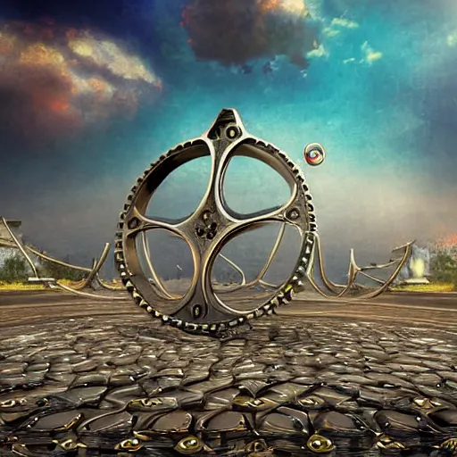 Image similar to giant ring of metal petals, steampunk, fantasy art, sky in the background, detailed, behrens style