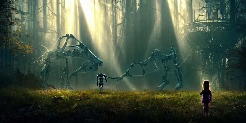 Image similar to sci - fi scene future new york, little girl holding a hand of a big robot, forest punk, crepuscular rays, epic scene, hyper realistic, photo realistic, overgrowth, cinematic atmosphere, ethereal lighting,