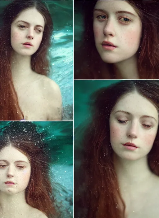 Image similar to Kodak Portra 400, 8K, soft light, volumetric lighting, highly detailed, britt marling style 3/4 , portrait photography portrait photography of a beautiful woman how pre-Raphaelites by Giovanni Gastel, photo portrait of a beautiful woman with her eyes closed,inspired by Ophelia Millais Paint , the face emerges from water of Pamukkale, underwater face, anatomical real full body dressed ethereal lace dress floating in water surface , the hair are intricate with highly detailed realistic beautiful brunches and flowers like crown, Realistic, Refined, Highly Detailed, outdoor soft pastel lighting colors scheme, outdoor fine art photography, Hyper realistic, photo realistic
