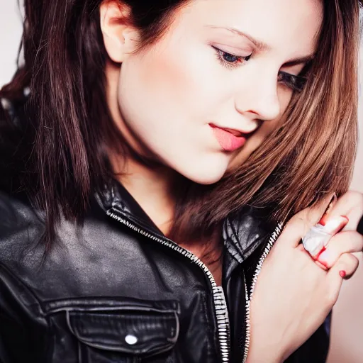 Prompt: young woman in her 20s, she wears a leather jacket and boots, photography, very detailed face, full body shot