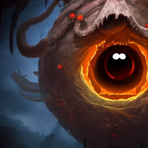 Image similar to beholder from dungeons and dragons, fantasy, 8k, close up, in a dark cavern, menacing