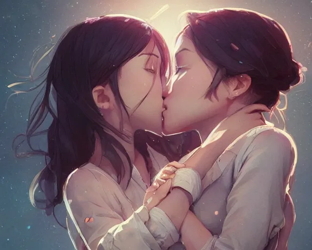 Image similar to two girls kissing and hugging, sharp details, sharp focus, elegant, highly detailed, illustration, by jordan grimmer and greg rutkowski and pine ( ハイネ ) and 薯 子 imoko and 香 川 悠 作 and wlop and maya takamura, intricate, beautiful, trending artstation, pixiv, digital art