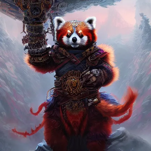 Image similar to red panda as lich king character, world of warcraft, digital illustration portrait design, by android jones and greg rutkowski, retrowave color scheme, detailed, cinematic lighting, wide angle action dynamic portrait