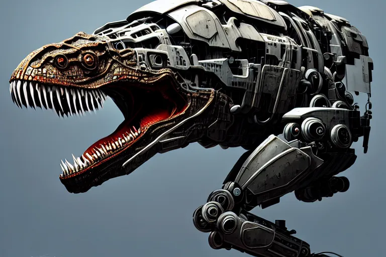 Image similar to trex in a cyborg mech suit, by alexandre ferra, zezhou chen, peter gric, mohamed reda and hr giger, hyper detailed, screen print, character concept art, hyperrealism, coherent, cgsociety, zbrush central, behance hd, hypermaximalist