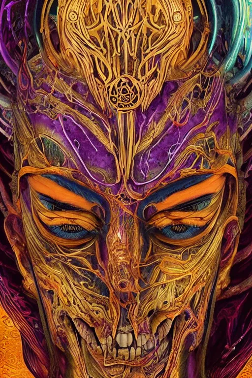 Prompt: Elden Ring and psychedelic themed painting of majestic chromatic biomechanical anatomical human demon king pharaoh ceremonial bloodstained mask closeup face, golden ratio concept, Neo-Gothic concept, infinity hieroglyph waves, intricate artwork masterpiece, very coherent artwork, cinematic, full frontal facial features by Artgerm, art by H.R. Giger, Joseph Michael Linsner, Alex Grey, Johnatan Wayshak, Moebius, Ayami Kojima, very anatomically coherent artwork, trending on cgsociety, ultra high quality model, production quality cinema model, high detail chromatic ink outline, octane render, unreal engine 8k, hyper realism, high detail, octane render, unreal engine, 8k, High contrast