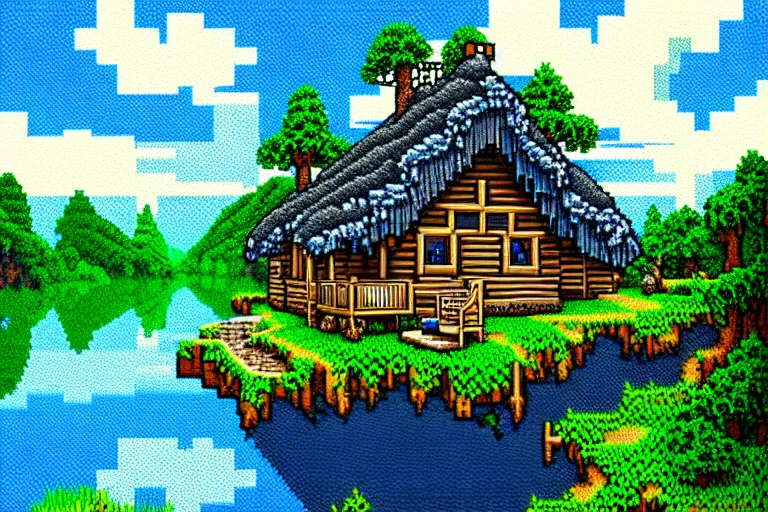 Image similar to view of a cottage above an azure lake, beautiful detailed pixelart by albertov and by pixel jeff in the style of ultima vii, intricate details, beautifully dithered gradients, volumetric lighting, cgsociety, artstation, 2 d