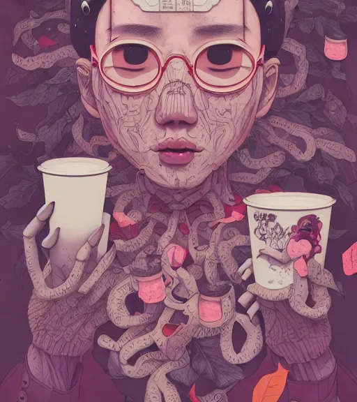 Prompt: portrait, nightmare anomalies, leaves with milktea by miyazaki, violet and pink and white palette, illustration, kenneth blom, mental alchemy, james jean, pablo amaringo, naudline pierre, contemporary art, hyper detailed