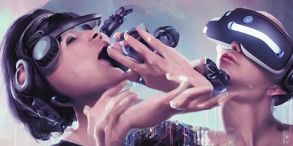 Image similar to a woman with a vr headset swallows a pill and hallucinates, cyberpunk art by keiichi koike, trending on cgsociety, retrofuturism, reimagined by industrial light and magic, darksynth, sci - fi