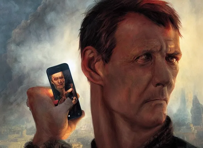 Image similar to julius caesar taking a selfie with an iphone as rome burns behind him by charlie bowater and john howe