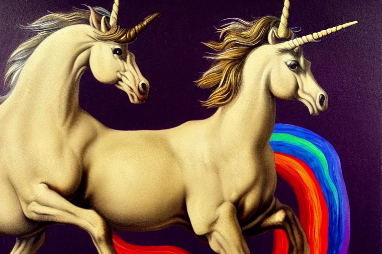 Prompt: detailed traditional painting of a unicorn walking on a solid rainbow, ((rainbow)) by Caravaggio, authentic, masterpiece, brush strokes, trending on artstation