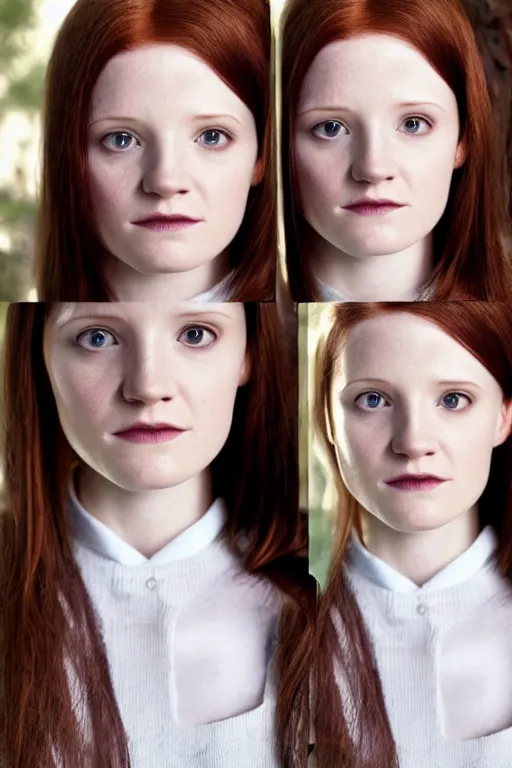 Prompt: ginny Weasley, symmetrical face two identical symmetrical eyes, feminine figure