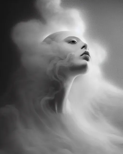 Prompt: monochrome, soft, dreamy, subsurface scattering, white, young beautiful goddess in cosmos with very long white hair floating in air, fluid smoke art, black and white, octane render, dino valls, mark ryden, joe fenton, michal karcz, highly detailed, rim light, art, cinematic lighting, very coherent, hyper realism, 8 k