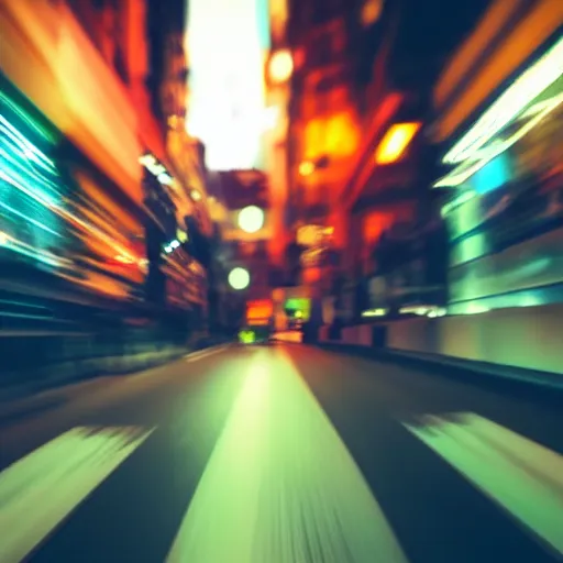 Image similar to gopro pov of a woman wearing scifi helmet running motion blur, cyberpunk night, city, raining