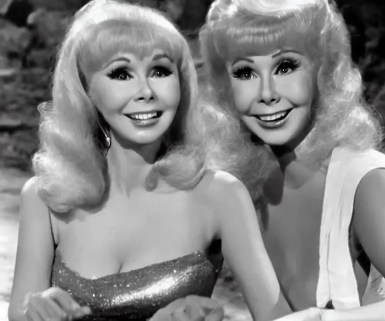 Prompt: a young barbara eden is a guest - star on an episode of gilligan's island, video still