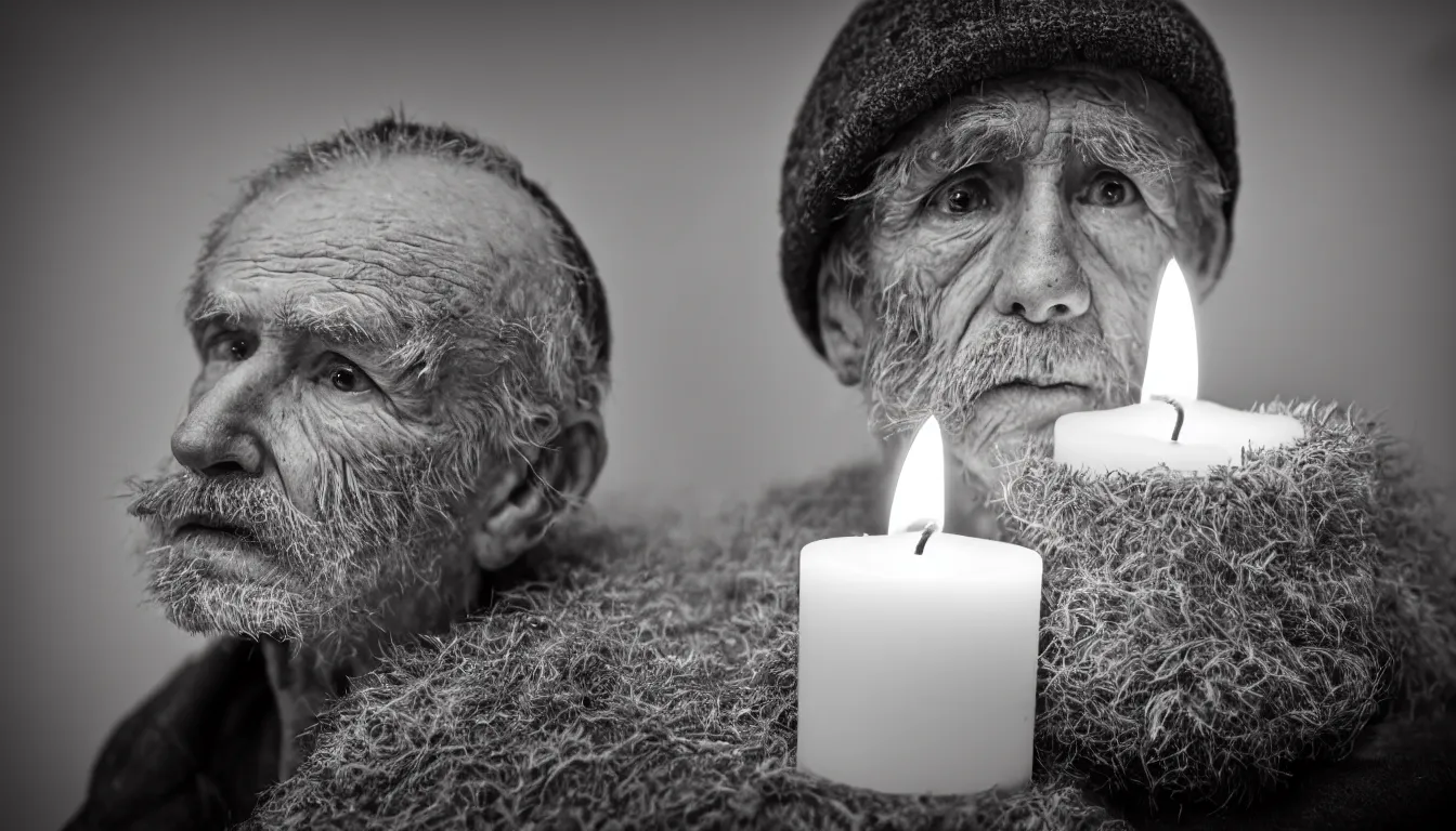 Prompt: a close up portrait of one solitary old underweight scruffy man alone frozen, full colour, hyper realistic photo, candle light, shallow depth of field, upscale, 8 k, masterpiece,