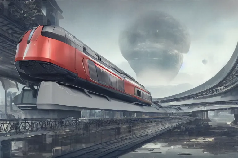 Image similar to futuristic train designed by Apple, a detailed matte painting by Kitagawa Utamaro, cgsociety, octane render, highly detailed, matte painting, concept art, sci-fi