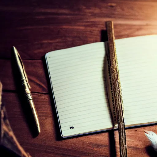 Image similar to highly detailed close up photo of an old worn notebook on wooden table, old table, feather pen, light coming out of near window, moody lighting, dust in air