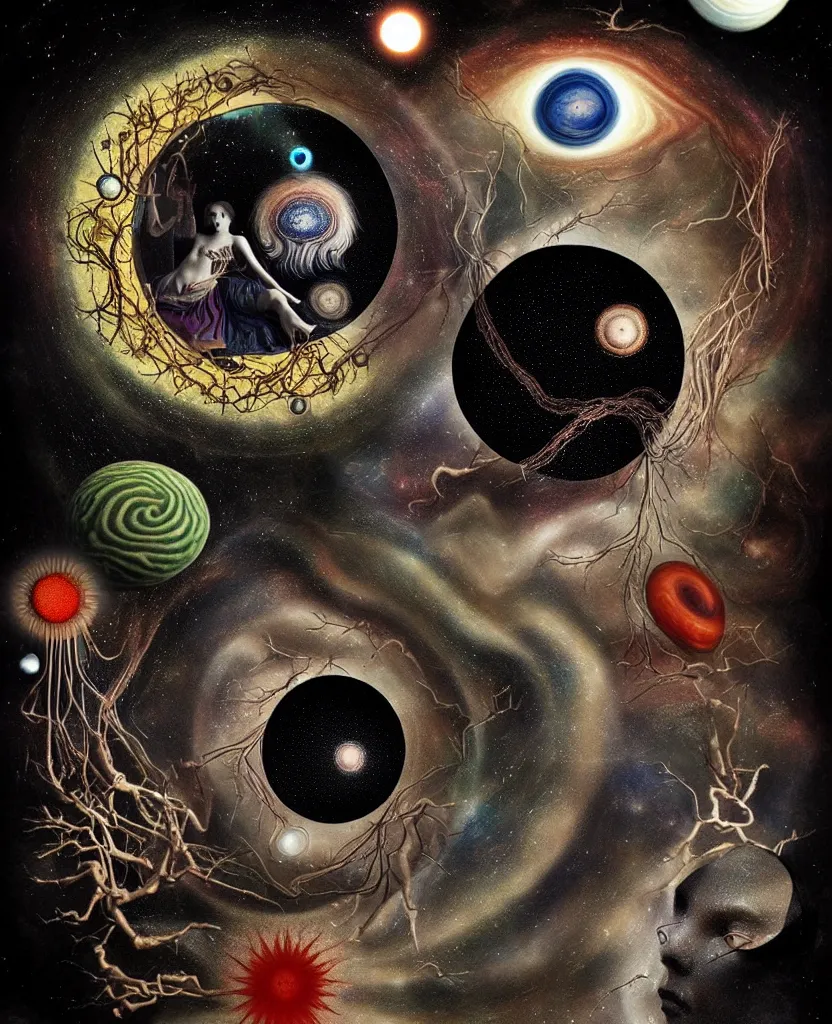 Image similar to inside the universe of a human body soul, whimsical uncanny creature alchemizes unique canto about'as above so below'being ignited by the spirit of haeckel and robert fludd, breakthrough is iminent, glory be to the magic within, to honor jupiter, surreal collage by ronny khalil