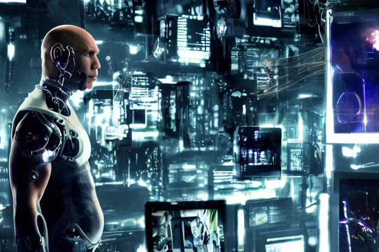 Prompt: cyborg - pitbull, surrounded by screens, in the future, y 2 k cybercore, industrial low - light photography, still from a ridley scott movie