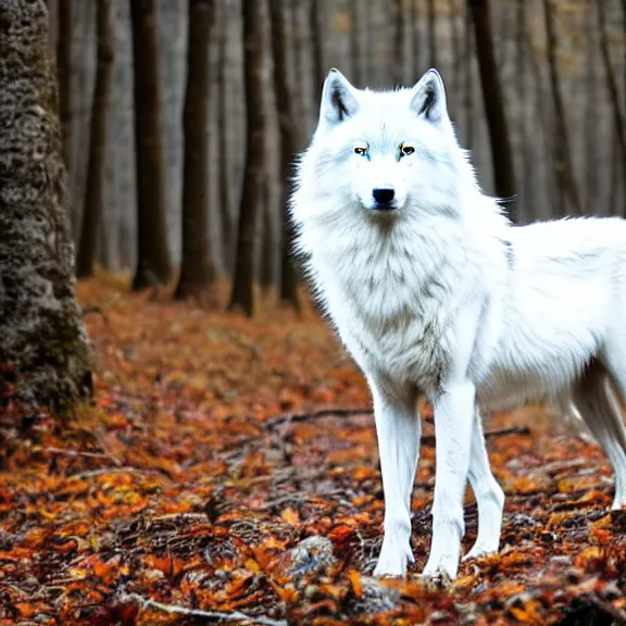 Image similar to white wolf with blue eyes stands in a dormant autumn forest, no yellow color in eyes, no yellow color, realistic