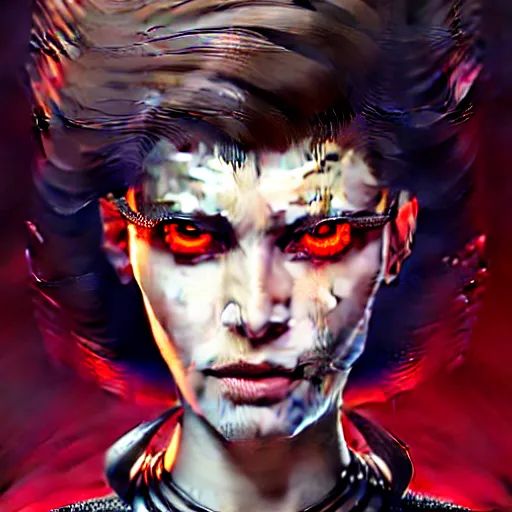 Image similar to woman with extremely large and intricate haircut with angry red eyes and slim features looking askance, eye cyberpunk bionics, retro futurist style, intricate, elegant gleaming intricate baroque jewelry, angelic halo, highly detailed, digital painting, artstation, concept art, smooth, sharp focus, illustration, art by wlop, mars ravelo and greg rutkowski,