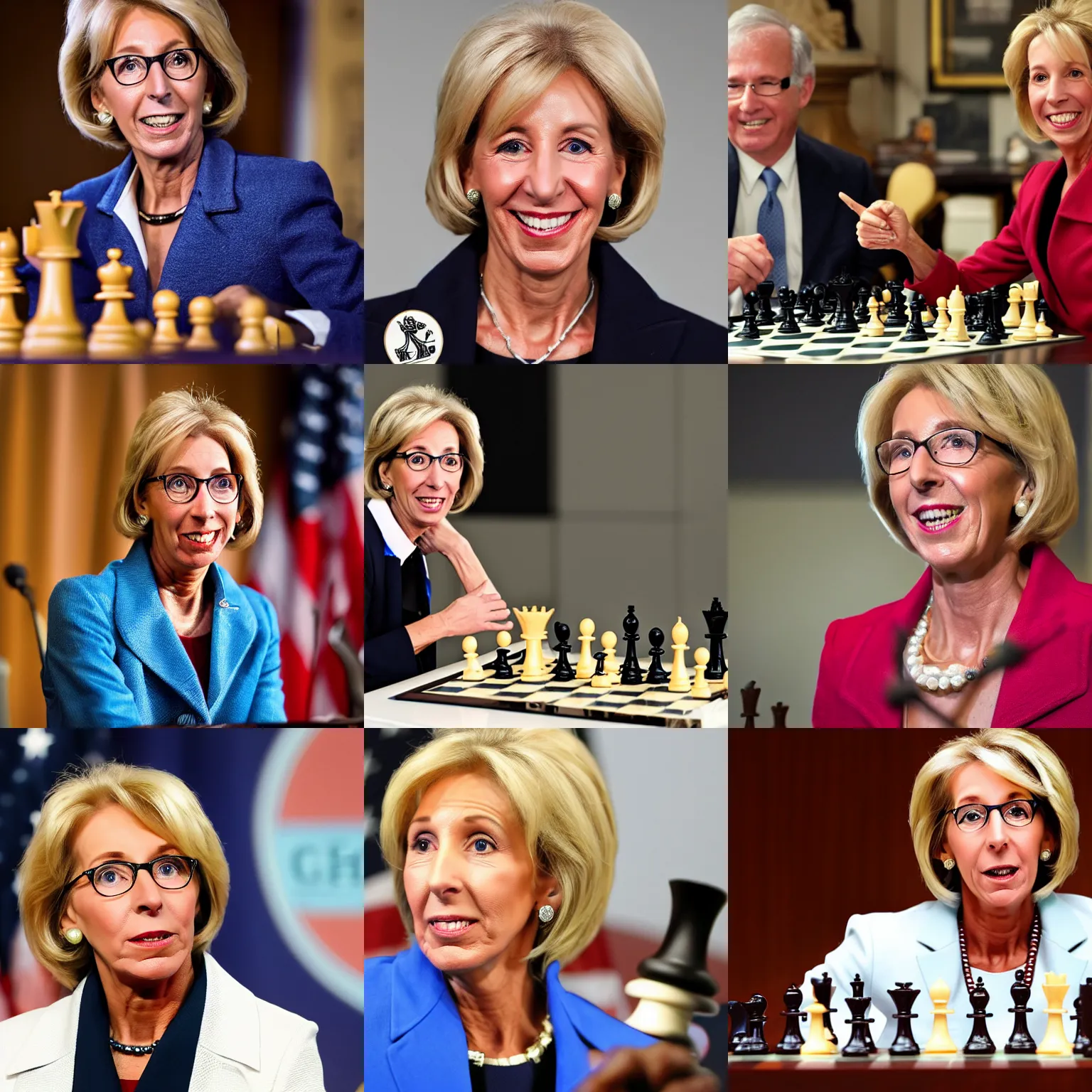Prompt: betsy devos challenges you to a chess game