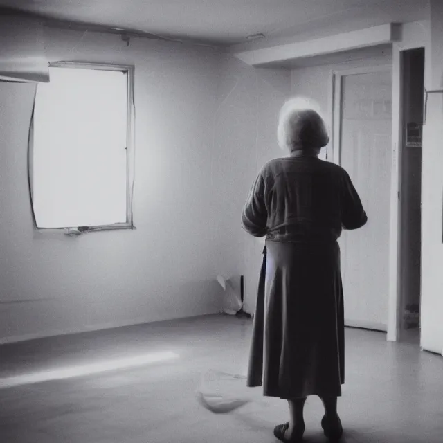 Image similar to an old woman in the center of a clean room, static, centered focus, bleak lighting, obscure, low quality TV video effect, photography, vhs footage