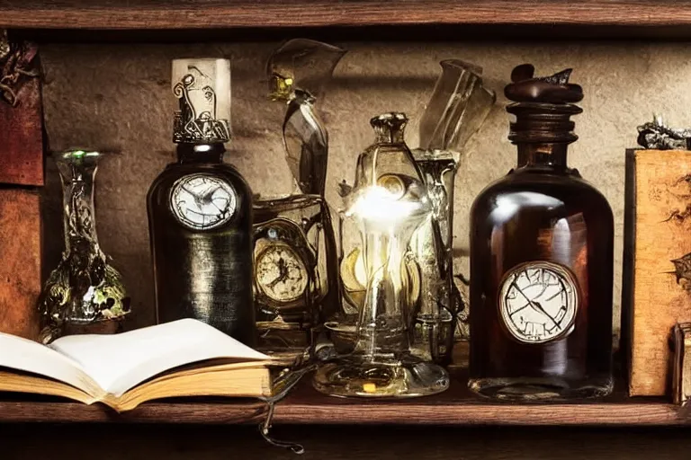 Prompt: five separate glowing potions on a wooden shelf, magical potions, fantasy history, 1 2 century photograph captured in an office