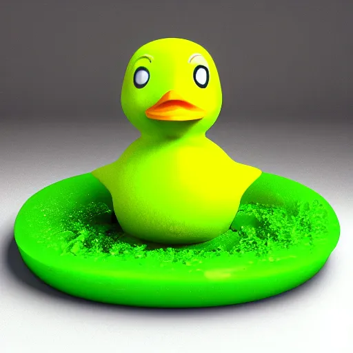 Image similar to rubber duck made of green slime melting on a bathroom, unreal engine 5, excellent composition, trending on artstation, million of likes, ray tracing, natural lighting