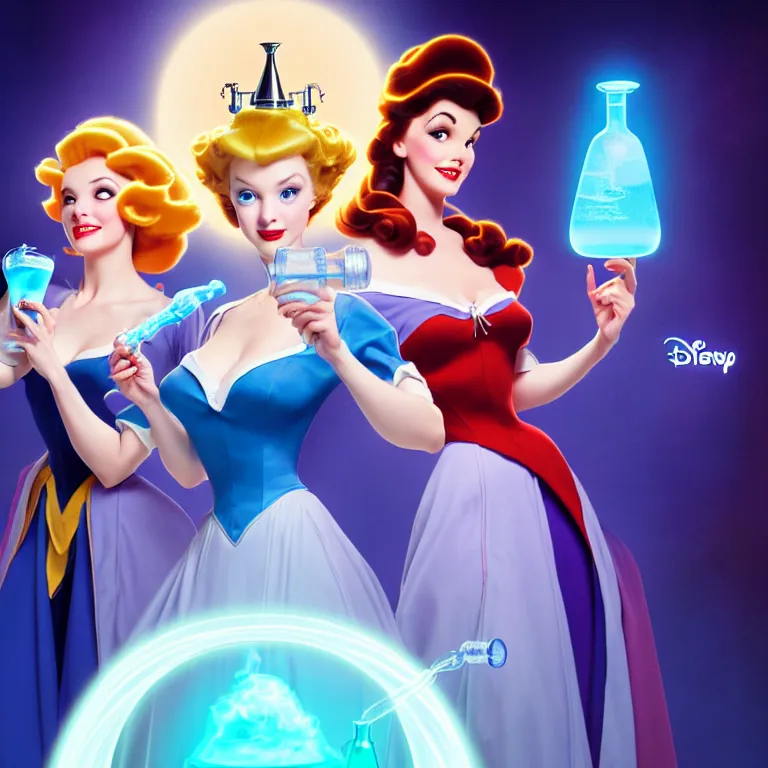 Prompt: key visual of an attractive sorceress holding two flasks full of glowing liquid, mad scientist's lab background, by gil elvgren and stanley lau, disney princess style, epic, 4 k, hdr, cinematic