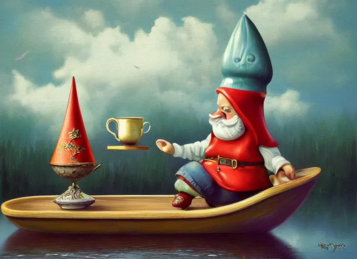 Prompt: a garden gnome sailing in a teacup, whimsical background of a reflective pond on a sunny day with dramatic clouds, an ultrafine detailed painting by mark ryden, trending on deviantart, pop surrealism, whimsical, lowbrow, grotesque