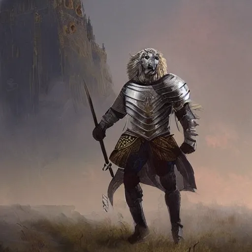 Image similar to A medieval knight, the design of his armor is inspired by a lion, by greg rutkowski, in the design of magic the gathering