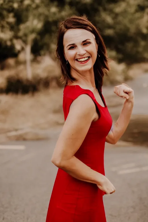 Prompt: photo portrait of a smiling pretty woman in a red sleeveless dress, out of focus, blurry