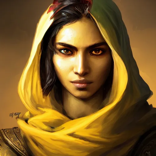 Image similar to portrait of young arabian nomad half wolf, with yellow cloths, league of legends splash art, hearthstone splash art, full body shot, rule of thirds, ultrafine hyperrealistic detailed face, artgerm, greg rutkowski, trending on artstation, 8 k, intricately detailed, highly detailed