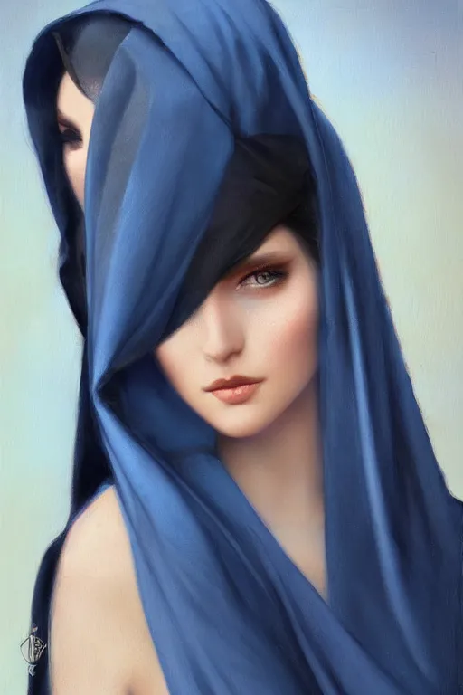 Image similar to modern arab woman , bright blue eyes, wavy black hair, white veil, closeup, cinnamon skin color, elegant, highly detailed, centered, oil painting, artstation, concept art by tom bagshaw