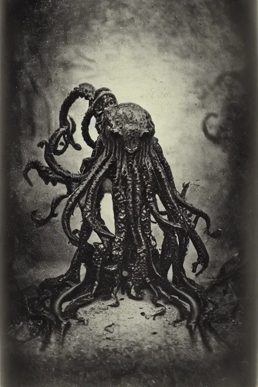 Prompt: a wet plate photograph of a cthulhu monster