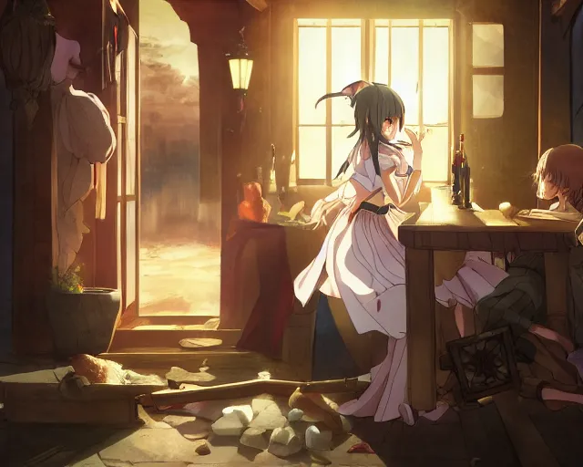 Prompt: key anime visual portrait of a young female witch in a tavern interior defending a companion, dynamic pose, dynamic perspective, cinematic, dramatic lighting.