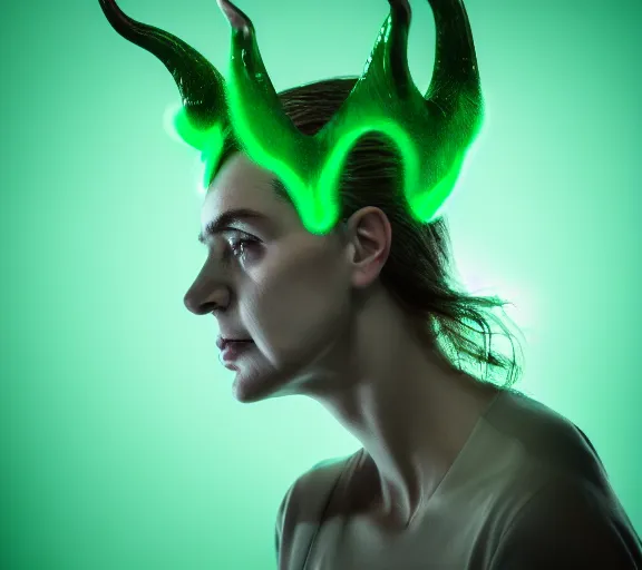 Image similar to portrait of a woman with flaming horns in the wisps of thick smoke, looking into the camera, studio photography, studio lighting, realistic render, octane render, 4 k, 8 k, glowing green eyes, face in focus