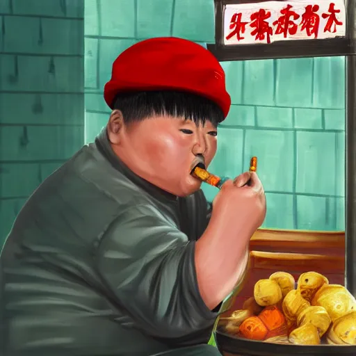 Prompt: near the street, a pockmarked Chinese fat guy,sitting behind a watermelon stall , with a cigarette in his mouth, looked at you contemptuously,digital art,trending on artstation.