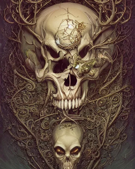 Prompt: a beautiful detailed front view of a dead rotten skull with ornate growing around, ornamentation, baroque architecture, elegant, beautifully soft lit, by wayne barlowe, peter mohrbacher, kelly mckernan